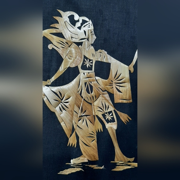 Vintage Asian Folk Art Pressed Bamboo Leaf Black Silk Set of 2 15 3/4" x 11 3/4" - Picture 4 of 6